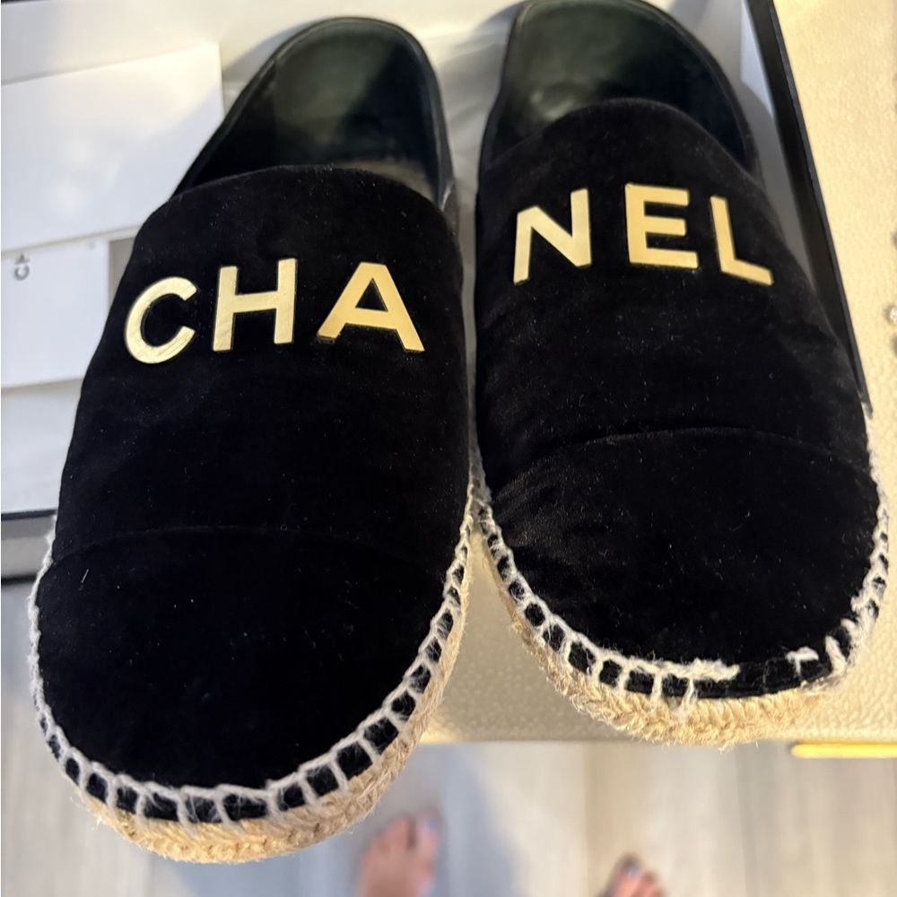 CHANEL Black Espadrilles with Gold Lettering and Rope Sole